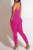 Rose Red Sexy Solid Hollowed Out Split Joint Backless Asymmetrical Regular Jumpsuits