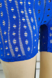 Blue Sexy Solid Hollowed Out Patchwork O Neck Regular Rompers