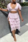 Pink Fashion Sexy Solid Bandage Patchwork Slit V Neck Short Sleeve Two Pieces