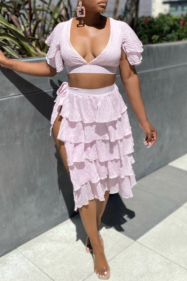 Pink Fashion Sexy Solid Bandage Patchwork Slit V Neck Short Sleeve Two Pieces