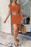 Orange Fashion Sexy Solid Bandage Hollowed Out Backless Square Collar Short Sleeve Two Pieces