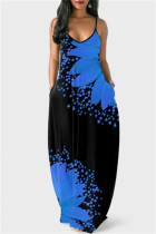 Dark Blue Fashion Sexy Print Backless Spaghetti Strap Long Dress
