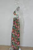 Green Sexy Print Patchwork Backless Cardigan Halter Sleeveless Two Pieces