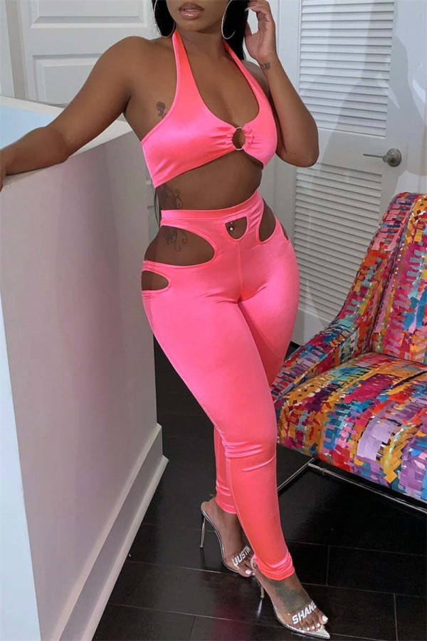 Pink Fashion Sexy Solid Hollowed Out Backless Halter Sleeveless Two Pieces