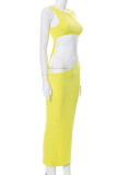 Yellow Sexy Solid Hollowed Out Patchwork O Neck One Step Skirt Dresses
