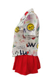 Red Casual Street Print Patchwork Buckle Turndown Collar Short Sleeve Two Pieces