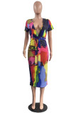 Multicolor Fashion Casual Print Tie Dye With Belt V Neck Short Sleeve Dress