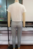 White Casual Print Patchwork O Neck Short Sleeve Two Pieces