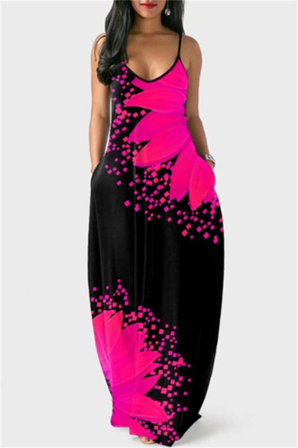 Rose Red Fashion Sexy Print Backless Spaghetti Strap Long Dress