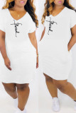 Pink Fashion Casual Print Basic V Neck Short Sleeve Dress