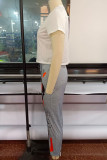 White Casual Print Patchwork O Neck Short Sleeve Two Pieces