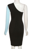 Black Sexy Print Patchwork Asymmetrical Oblique Collar Pencil Skirt Dresses