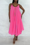 Rose Red Sexy Casual Solid Backless O Neck Sling Dress