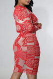 Red Sexy Print Split Joint O Neck Pencil Skirt Dresses