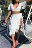 Black Sexy Solid Patchwork Flounce V Neck Short Sleeve Two Pieces