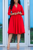 Red Casual Solid Patchwork V Neck Cake Skirt Dresses