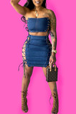 Deep Blue Sexy Solid Bandage Patchwork Strapless Sleeveless Two Pieces