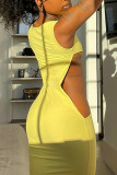 Yellow Sexy Solid Hollowed Out Patchwork O Neck One Step Skirt Dresses