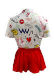 Red Casual Street Print Patchwork Buckle Turndown Collar Short Sleeve Two Pieces