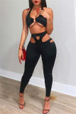 Pink Fashion Sexy Solid Hollowed Out Backless Halter Sleeveless Two Pieces