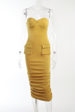 Yellow Fashion Solid Fold Strapless Pencil Skirt Dresses