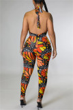 Colour Fashion Sexy Print Hollowed Out Backless Halter Skinny Jumpsuits