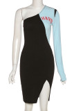 Black Sexy Print Patchwork Asymmetrical Oblique Collar Pencil Skirt Dresses