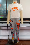 White Casual Print Patchwork O Neck Short Sleeve Two Pieces