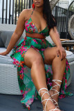 Green Sexy Print Patchwork Backless Cardigan Halter Sleeveless Two Pieces