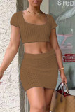 Burgundy Fashion Sexy Solid Bandage Hollowed Out Backless Square Collar Short Sleeve Two Pieces