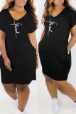 Pink Fashion Casual Print Basic V Neck Short Sleeve Dress