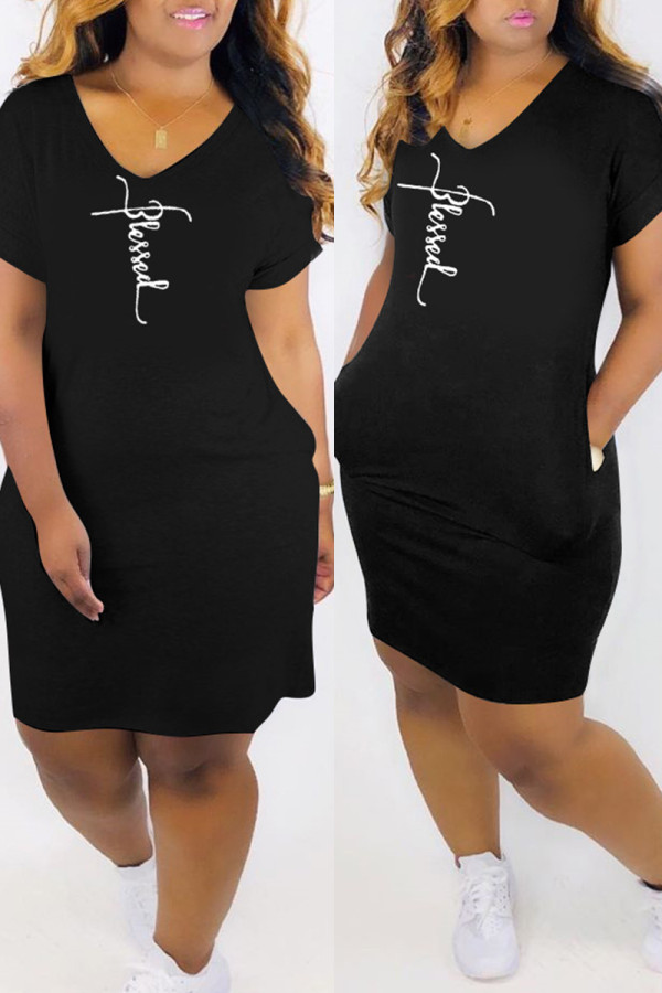 Black Fashion Casual Print Basic V Neck Short Sleeve Dress