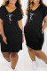 Black Fashion Casual Print Basic V Neck Short Sleeve Dress