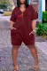 Burgundy Fashion Casual Letter Print Patchwork V Neck Regular Romper