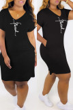 Pink Fashion Casual Print Basic V Neck Short Sleeve Dress