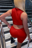 Red Fashion Print Letter Half A Turtleneck Sleeveless Two Pieces