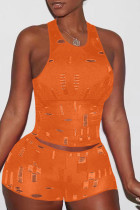 Orange Fashion Sexy Casual Solid Ripped Hollowed Out O Neck Sleeveless Two Pieces