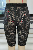 Matte Black Sexy Solid Hollowed Out Patchwork High Waist Pencil Patchwork Bottoms