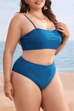 Blue Fashion Sexy Solid Backless Spaghetti Strap Plus Size Swimwear Three-piece Set (With Paddings)