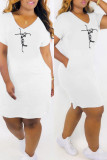 Pink Fashion Casual Print Basic V Neck Short Sleeve Dress
