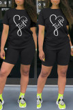 Black Fashion Casual Print Basic O Neck Short Sleeve Two Pieces