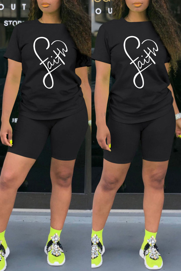Black Fashion Casual Print Basic O Neck Short Sleeve Two Pieces