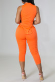 Orange Fashion Sexy Solid Hollowed Out Asymmetrical Half A Turtleneck Sleeveless Two Pieces