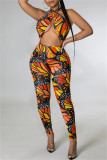 Colour Fashion Sexy Print Hollowed Out Backless Halter Skinny Jumpsuits