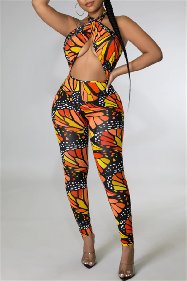 Colour Fashion Sexy Print Hollowed Out Backless Halter Skinny Jumpsuits