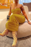 Yellow Fashion Solid Fold Strapless Pencil Skirt Dresses