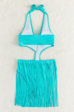 Mint green Fashion Sexy Solid Tassel Bandage Hollowed Out Backless Swimwears (With Paddings)