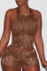 Coffee Fashion Sexy Casual Solid Ripped Hollowed Out O Neck Sleeveless Two Pieces