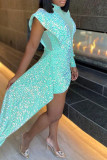 Pink Fashion Sexy Patchwork Sequins See-through Turtleneck Long Sleeve Dresses