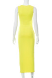 Yellow Sexy Solid Hollowed Out Patchwork O Neck One Step Skirt Dresses